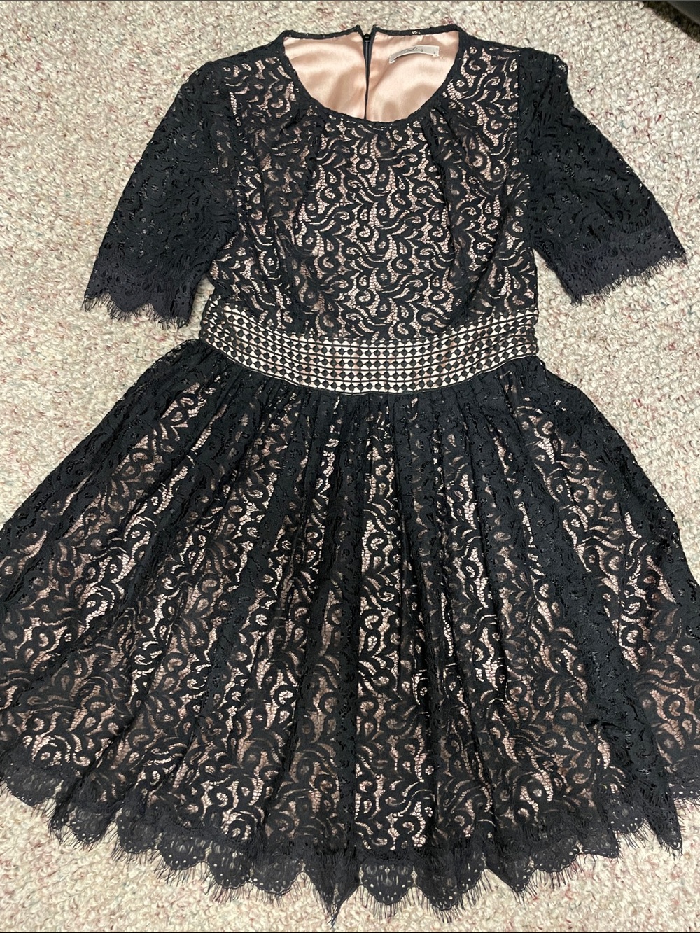 Darling nude black lace fit and flare crinoline layer skirt dress